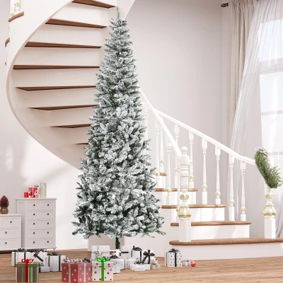 HOMCOM 9ft Slim Snow-Flocked Pine Christmas Tree, 1084 Tips