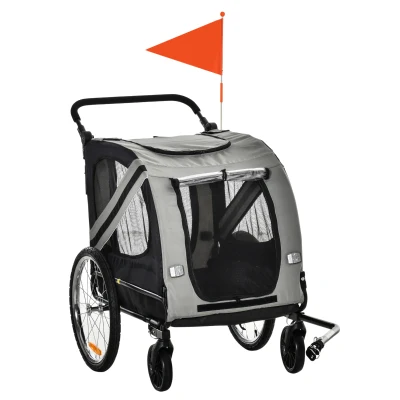 Aosom Dog Bike Trailer, 2-in-1 Dog Wagon Pet Stroller for Travel with Universal Wheel Reflectors Flag, for Small and Medium Dogs, Grey