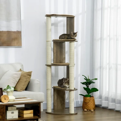 PawHut 65" Modern Cat Tree, Multilevel Scratching Tower, Cream White