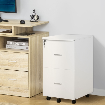 Vinsetto 2 Drawer Mobile File Cabinet with Lock, Wood Office Filing Cabinet with Locking Wheels for Home, Study, White