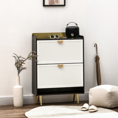 HOMCOM Modern Shoe Cabinet with 2 Flip Drawers and Open Shelf, 12 Pair Shoe Storage Organizer for Entryway, Hallway, White