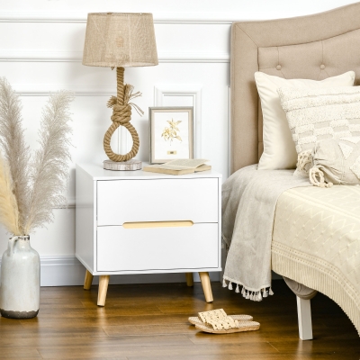 HOMCOM Modern Bedside Table, Nightstand with 2 Drawers, Side End Table with Solid Wood Legs for Living Room, Bedroom, White