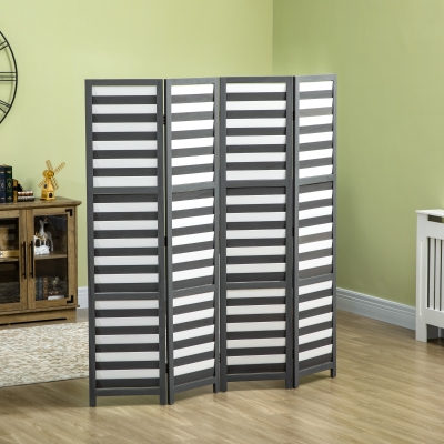 HOMCOM 5 Ft. Tall 4-Panel Room Divider, Louvred Freestanding Folding Privacy Screen Panels, Partition Wall Divider for Indoor Bedroom Office, White Grey