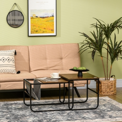HOMCOM Coffee Table Set of 2, Nesting Tables with Storage Bag and Steel Frame for Living Room, Rustic Brown