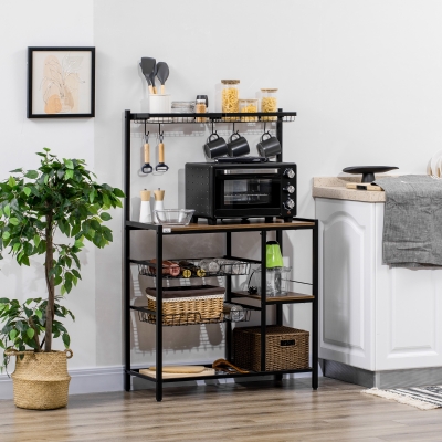 HOMCOM Industrial Kitchen Bakers Rack, Microwave Stand, Coffee Bar Station with Storage Shelves, Wire Basket, 5 Movable Hooks, Walnut