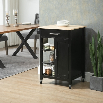 HOMCOM Kitchen Island, Compact Kitchen Cart on Wheels with Open Shelf & Storage Drawer for Dining Room, Kitchen, Black