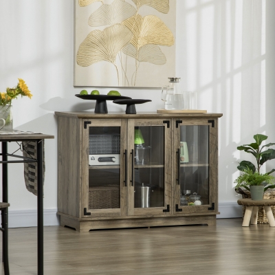 HOMCOM Farmhouse Style Buffet Cabinet, Glass Door Sideboard, Kitchen Storage Cabinet, Coffee Bar for Living Room, Dining Room, Distressed Grey