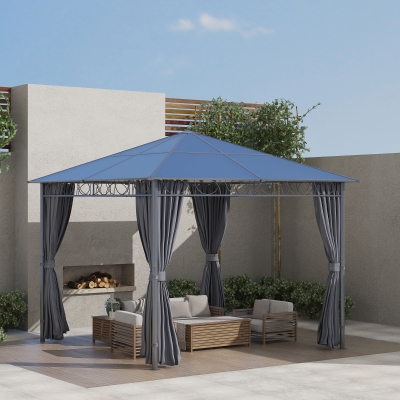Outsunny 10' x 10' Polycarbonate Hardtop Gazebo Canopy Outdoor Patio Gazebo with Aluminum Frame & Curtains, Dark Grey