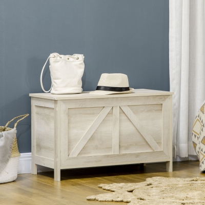 HOMCOM Storage Trunk Box Organizer with Farmhouse Panel Safety Hinge to Open Up 150° White