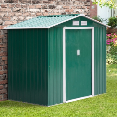 Outsunny 7' x 4' x 6' Garden Storage Shed Outdoor Patio Yard Metal Tool Storage House w/ Floor Foundation and Double Doors Green