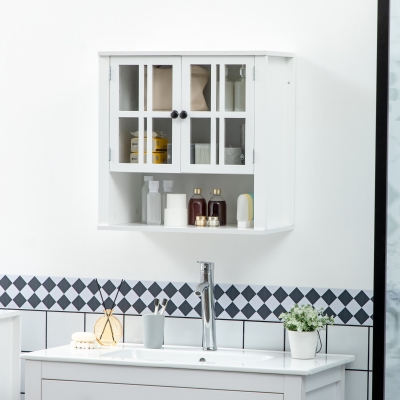 kleankin Bathroom Cabinet Glass Doors Wall Mounted Over Toilet Cupboard 23.6 x 11.8 x 23.6 Inches White