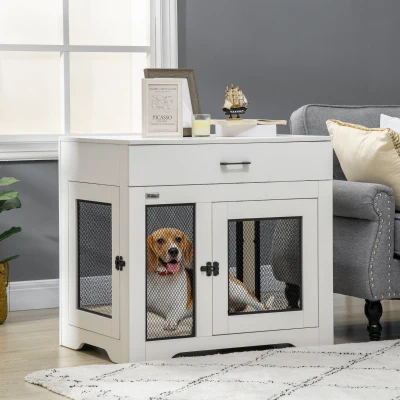 PawHut Dog Crate End Table with Cushion & Drawer, White