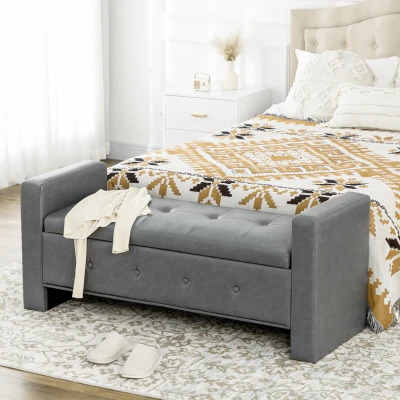 HOMCOM Storage Ottoman Bench, Faux Leather, Tufted, Gray