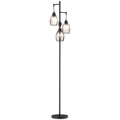 HOMCOM Industrial Floor Lamp with 3 Hanging Wire Lampshades, Dimmable Standing Lamp for Living Room, Bedroom, Dining Room, Study, Black