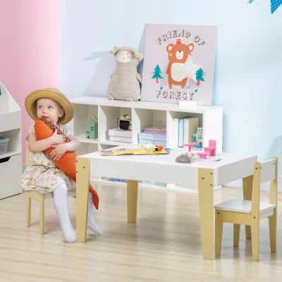 Qaba Kids Table and Chair Set with Storage, 3 Pcs, White