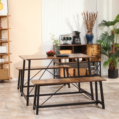 HOMCOM 3-Piece Industrial Dining Table Set with Benches, Rustic Brown