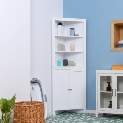 kleankin Modern Bathroom Storage Cabinet, Corner Cabinet with Doors, Bathroom Cabinet with Cupboard and 3-Tier Shelves, White