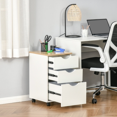 HOMCOM 3-Drawer Storage Cabinet with Wheels for Home Office, White and Natural