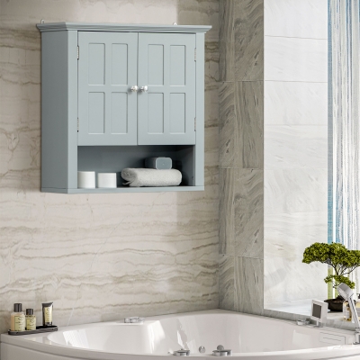 HOMCOM Wall Mount Bathroom Cabinet, Storage Organizer Kitchen Cupboard with 2 Doors and Adjustable Shelf Grey