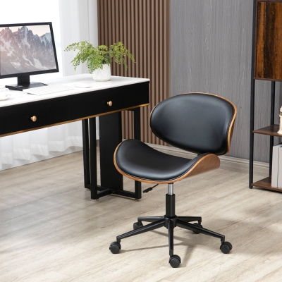 Vinsetto Home Office Chair, Faux Leather and Bentwood Computer Desk Chair with 360 Degree Swivel Wheels, Adjustable Height and Curved Seat, Black