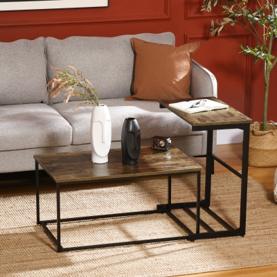 HOMCOM Nesting Tables Set of 2, Industrial Style Coffee Table Set with Metal Frame & Adjustable Foot Pads for Living Room, Bed Room, Brown