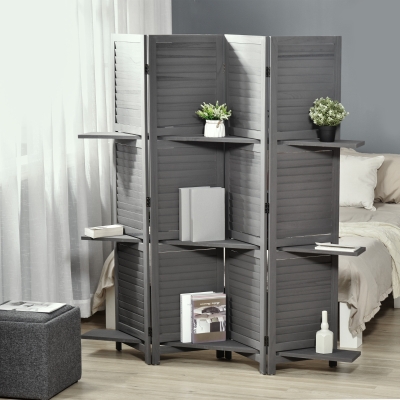 HOMCOM 4-Panel Wall Partition Room Separator with 3 Storage Shelves Foldable Design Wooden Frame 5.6FT Grey