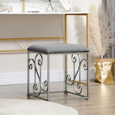 HOMCOM Vintage Foot Stool, French Ottoman with Linen Touch Fabric Upholstered Seat and Steel Base, Vanity Stool for Bedroom, Living Room, Grey