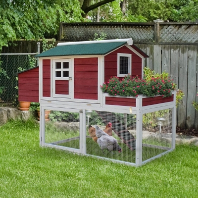 PawHut 63" Chicken Coop Wooden Hen House Rabbit Hutch Poultry Cage Pen Outdoor Backyard With Garden Box, Run Area, Nesting Box Brown