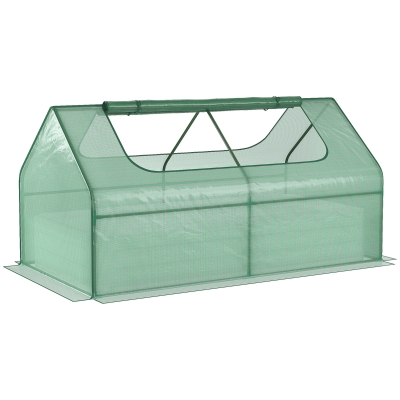 Outsunny Raised Garden Bed with Mini Greenhouse, Steel Outdoor Planter Box with Plastic Cover, Roll Up Window, Dual Use for Flowers, Vegetables, Fruits and Herbs, 73" x 38" x 36", Green