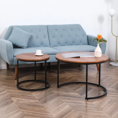 HOMCOM Round Nesting Coffee Tables Set of 2, Dark Walnut, Metal Frame
