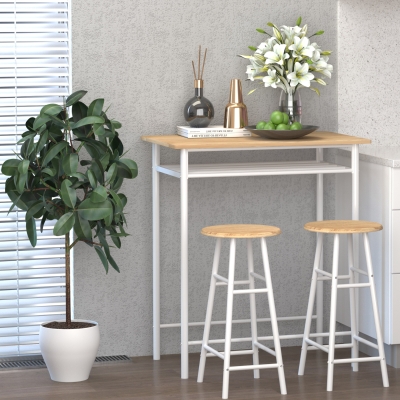HOMCOM 3 Piece Counter Height Table Chair Set with 1 Table, 2 Matching Stools, Storage Shelf and Metal Frame Footrest, White and Oak