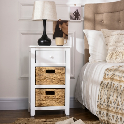 HOMCOM End Side Table with Removable Woven Baskets and Drawer for Living Room, Bedroom, 15.6"x11.8"x26.2", White