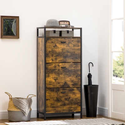 HOMCOM Industrial 12 Pair Shoe Storage Cabinet with 3 Flip Drawers and Open Shelf, Shoe Storage Organizer Rustic Brown