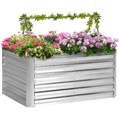 Outsunny 4' x 3' x 2' Raised Garden Bed with Support Rod, Steel Frame Elevated Planter Box, Silver