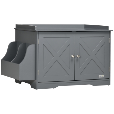 PawHut Hidden Litter Box Enclosure Cat Washroom Furniture with Storage, Adjustable Divider, Indoor Pet House Side Table, Grey