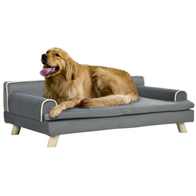 PawHut Pet Sofa for Large, Medium Dogs, Dog Couch with Water-resistant Fabric, Wooden Legs, Washable Cushion, Grey, 39" x 24.5" x 12.5"