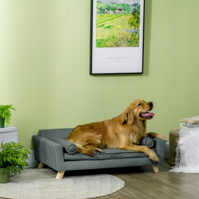 PawHut Foam Dog Couch Sofa with Removable Pillows, Modern Pet Sofa Bed with Soft Seat Cushion, Washable Cover, Water-resistant Fabric, for Medium and Large Dogs