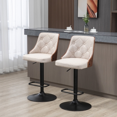 HOMCOM Counter Height Bar Stools Set of 2, Height Adjustable Swivel Barstools with Footrest and Solid Wood Back, Linen Fabric Bar Chairs, Beige