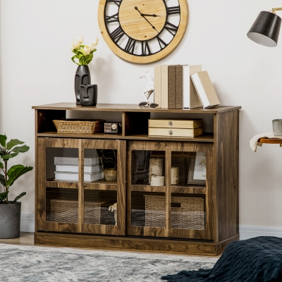 HOMCOM Modern Sideboard with Shelves, Buffet Cabinet with Storage Cabinets, Adjustable Shelf, Sliding Doors for Living Room, Kitchen, Walnut