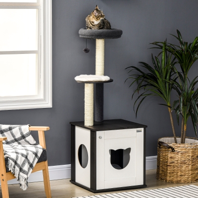 PawHut Cat Tree with Litter Box Enclosure, Kitty Tower with Scratching Posts Cat Bed Perch Ball Toy, for Indoor Cats, Charcoal Grey