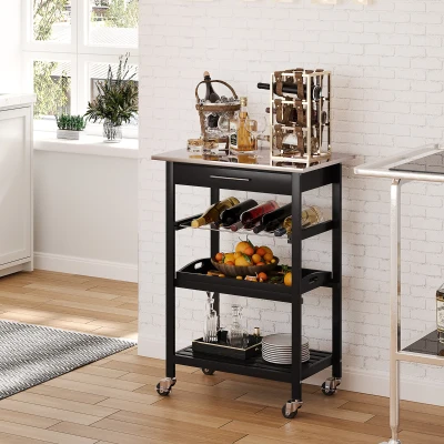 HOMCOM Pine 3-Tier Kitchen Rolling Cart, Wine Rack