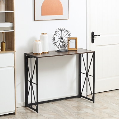 HOMCOM Foldable Console Table, Industrial Sofa Table, Narrow Farmhouse Table with Metal Frame for Living Room, Entryway, Foyer, Brown