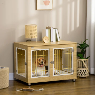 PawHut Dog Crate End Table with Cushion, Double Doors, Large
