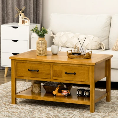 HOMCOM Rustic 2-Tier Coffee Table with Drawers, Living Room