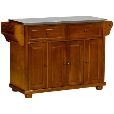 HOMCOM Kitchen Island Table with Stainless Steel Top 2 Drawers 3 Cabinets Spice and Towel Rack Red Brown