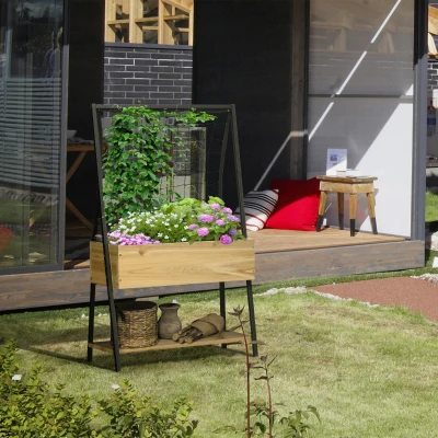 Outsunny Raised Garden Bed with Trellis & Storage Shelf, Natural
