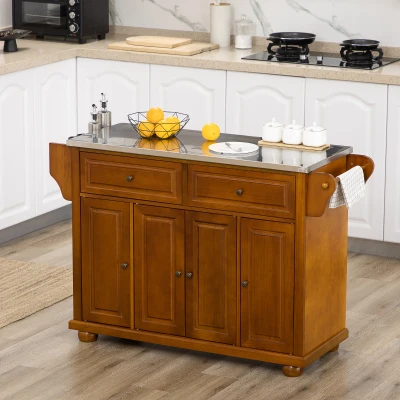 HOMCOM Kitchen Island Table with Drawers & Cabinets, Red Brown