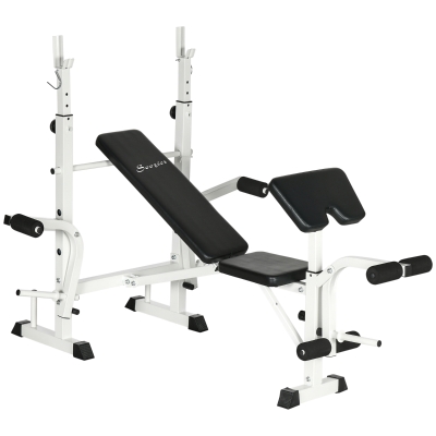 Soozier Bench Press Set Adjustable Weight Bench with Squat Rack, Preacher Curl Pad, Leg Developer and Weight Storage, White