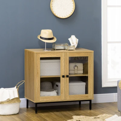HOMCOM Storage Cabinet, Oak Kitchen Sideboard with Glass Doors