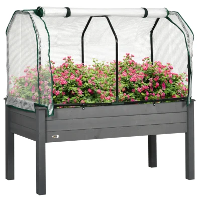 Outsunny Raised Garden Bed with PE Greenhouse Cover Outdoor Elevated Wood Planter Box for Herbs and Vegetables Dark Gray